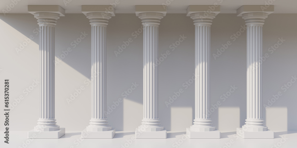 Wall mural five white marble pillar doric rhythm column in row on empty white background, copy space. 3d render