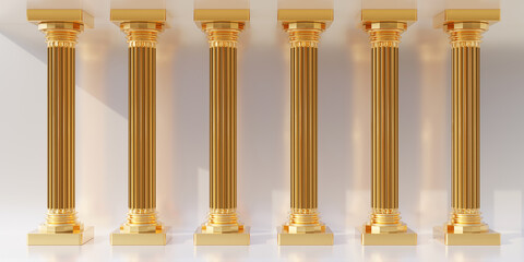 Fototapeta premium Six golden pillar in row isolated on empty white background. Ancient Greece, copy space. 3d render