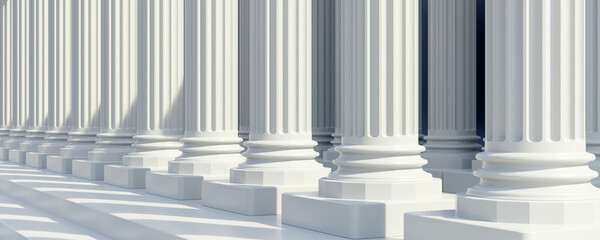 Double row of white marble pillar and stair in row. Down part column shadow on step banner 3d render