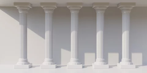 Fotobehang Five white marble pillar Doric rhythm column in row on empty white background, copy space. 3d render © Rawf8