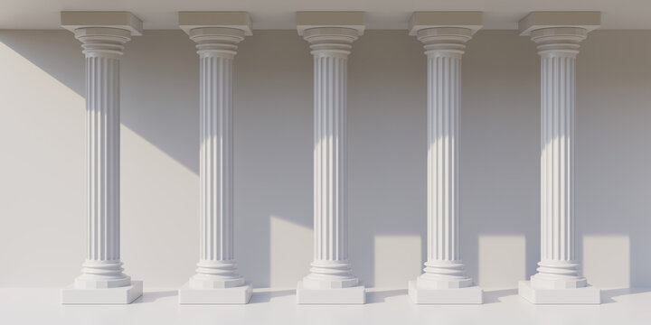 Five white marble pillar Doric rhythm column in row on empty white background, copy space. 3d render