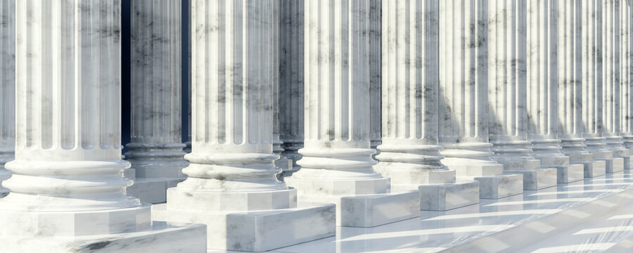 Double row white grey marble pillar, stair in row. Down part column shadow on step banner 3d render