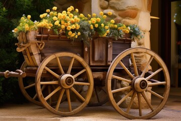 Carriage with wooden wheels as decoration for flowers. Generative AI