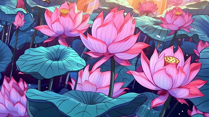 Illustration of Lotus flower. inspired by serene and peaceful landscapes and meditation. Generative AI
