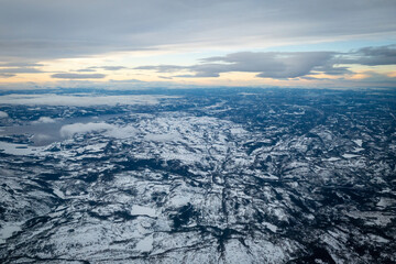 Aerial of landscape near Trondheim, Norway in winter
