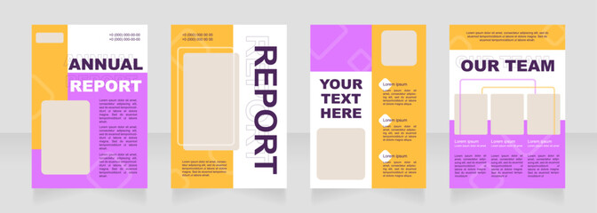 Orange and purple blank brochure layout design. Promotion service info. Vertical poster template set with empty copy space for text. Premade corporate reports collection. Editable flyer paper pages