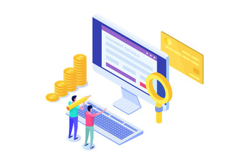 Payment details, entering credit cards details online. Isometric Vector Illustration.