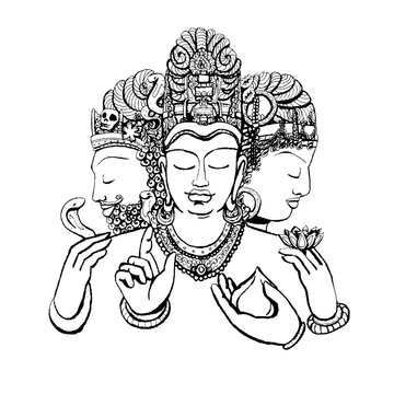 Drawing of Trimurti Idol at the Elephanta Caves.