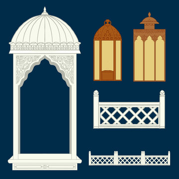 Collection of an Arch, railings and lanterns in Rajasthani or Indo-Mughal Style of Architecture and culture.