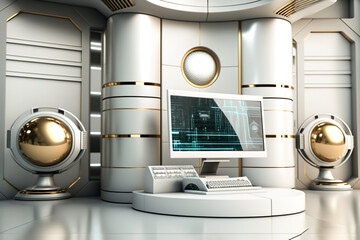 A futuristic space station with a computer. Generative AI.