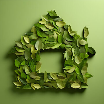 House Made Of Leaves, Leaf, Icon, Symbol, Recycling, Ecology, Upcycling, Concept, Responsible And Ecological Building, Environment, Eco Building, Housing, Logotype, Made With Generative AI