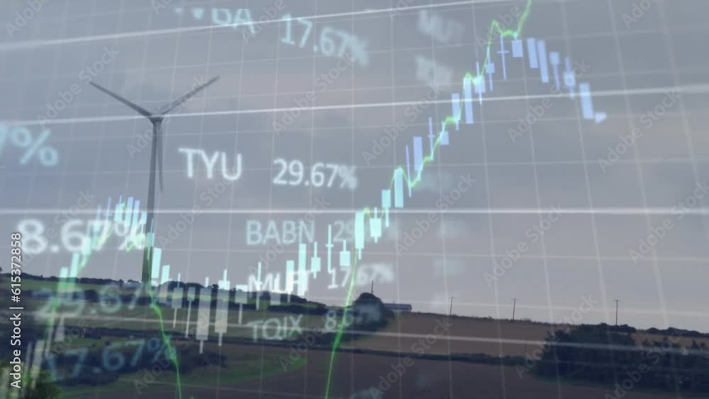 Poster animation of graphs and trading board over rotating windmill on green field against sky
