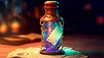 Antique bottle with a letter glows in the dark. Old message. Magic elixir. A small old bottle with...