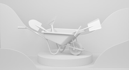 Garden wheelbarrow with garden tools on cylinder podium with step on monochrome