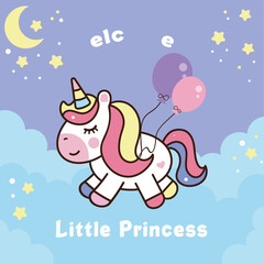 Obraz na płótnie Canvas cute birthday greeting card with unicorn, happy birthday, walcome baby
