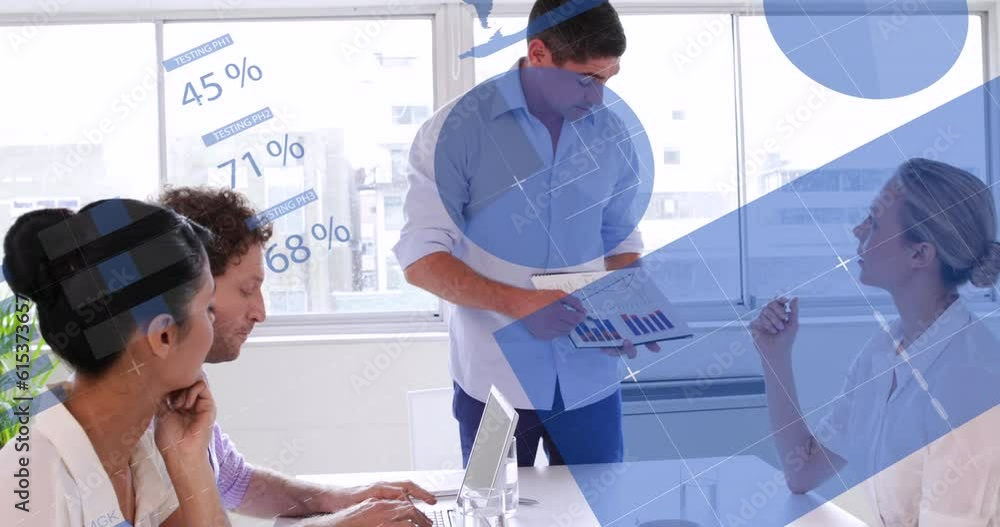 Poster animation of infographic interface over diverse manager explaining reports to coworkers in office
