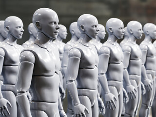 Obraz premium 3d render of white android robots standing in a row