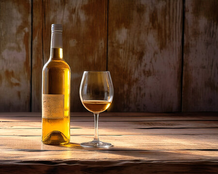 bottle of wine and glass on a wooden table