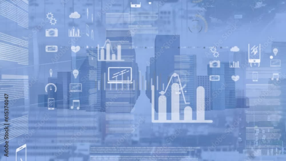 Poster animation of multiple computer icons, 3d model of buildings against moving vehicles in background