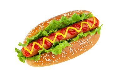 hotdog with grilled sausage and lettuce isolated on white background.