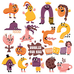 Cute characters set. Baby print. Vector illustration. Doodles for kids. Perfect for printing on the fabric, design package and cover