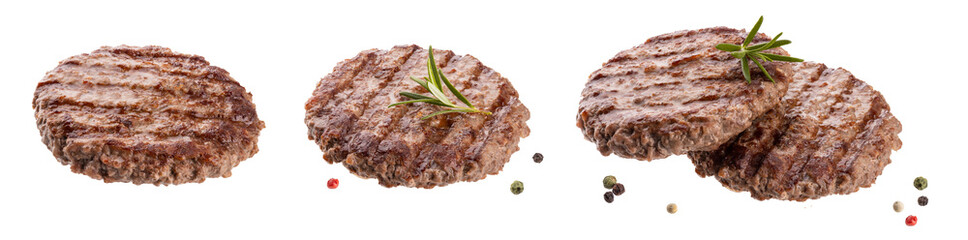 Beef cutlet grill with stripes with fresh rosemary branch isolated on transparent background png....