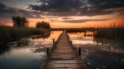 Foto op Plexiglas Wooden pier bridge in the lake swamp evening sunset nature view cloudy sky. Generative AI technology. © Riocool