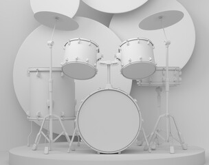 Fototapeta na wymiar Drums with metal cymbals or drumset on cylinder podium with step on monochrome