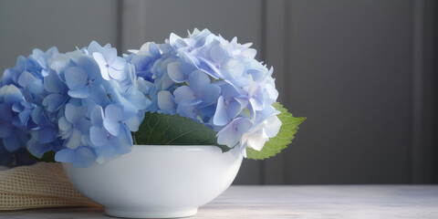 Still life composition with blue hydrangea, hortensia. Close up of flowers blooming. Copy space. Nature botanical wallpaper, greeting card. Summertime template. Mockup. Generative ai.