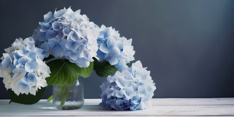 Still life composition with blue hydrangea, hortensia. Close up of flowers blooming. Copy space. Nature botanical wallpaper, greeting card. Summertime template. Mockup. Generative ai.