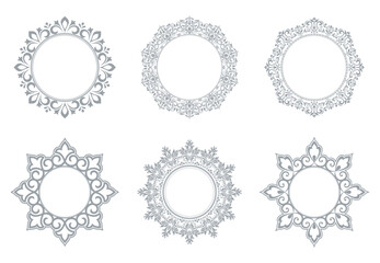 Set of decorative frames Elegant vector element for design in Eastern style, place for text. Floral gray and white borders. Lace illustration for invitations and greeting cards