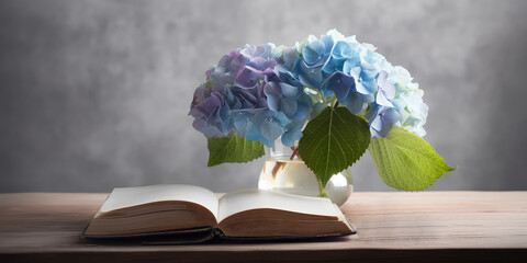 Still life composition with blue hydrangea, hortensia, reading book. Close up of flowers blooming. Copy space. Nature botanical wallpaper, greeting card. Summertime template. Mockup. Generative ai.