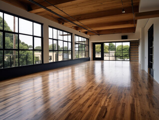 Rustic Charm: Spacious Warehouse with Natural Wood Design, Black Trim, and Loft Overlooking Empty Garage