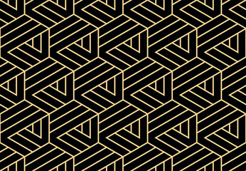 Abstract geometric pattern with stripes, lines. Seamless vector background. Gold and black ornament. Simple lattice graphic design