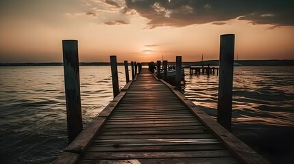 Obraz premium Wooden pier jetty bridge in the beach evening sunset nature view clear sky. Generative AI technology.