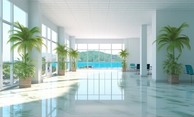 Modern spacious empty light hall room with big windows.