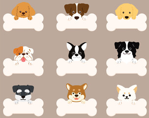 Set of flat colored dog face illustrations with paws holding a bone