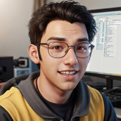 3d illustration of face avatar of happy young man with glasses in office with some computers in background, generative AI