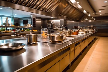 Large cooking kitchen in a modern hotel.