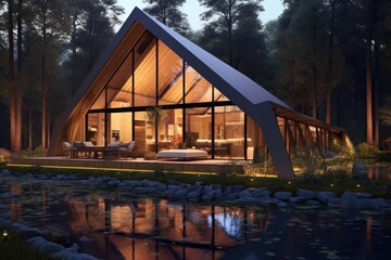 Beautiful modern wooden cottage villa by a lake surrounded by trees in the mountains, Minimal style.