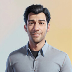 3d illustration of face avatar of happy man black hair some facial hairs  in office with some computers in background, generative AI