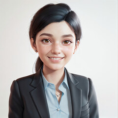 3d illustration of face avatar of happy young woman with dark hair in business suit, generative AI