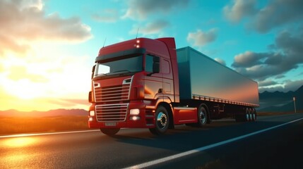 Fototapeta na wymiar Modern heavy truck trailer, Big powerful truck moves on highway.