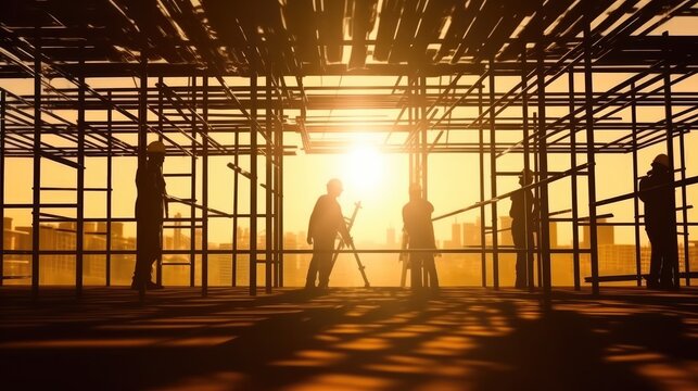 Silhouette group of construction worker are working working on scaffolding in building under construction.