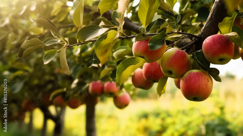 Poster ripe apples growing on trees in orchard, background with space for text, copy space, generative ai