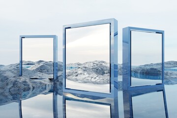 3d Render, Scifi Landscape Futuristic post apocalyptic scenario with abstract alien landscape. Glass object.