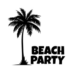 Logo vacaciones de verano. Letras de la palabra Beach Party en la arena de una playa con silueta de palmera