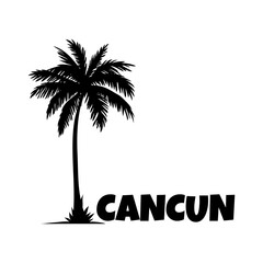 Logo vacaciones en México. Letras de la palabra Cancun en la arena de una playa con silueta de palmera