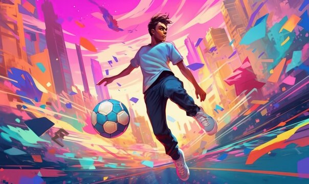 Athlete Male Soccer Player, Sport Man Playing Football Colorful Background. Generative Ai