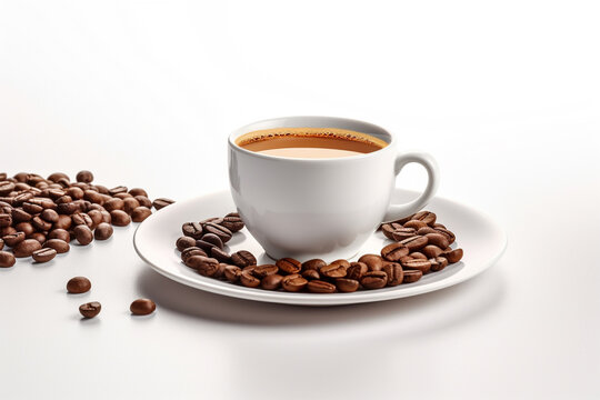coffee cup and beans on white background, Generative AI